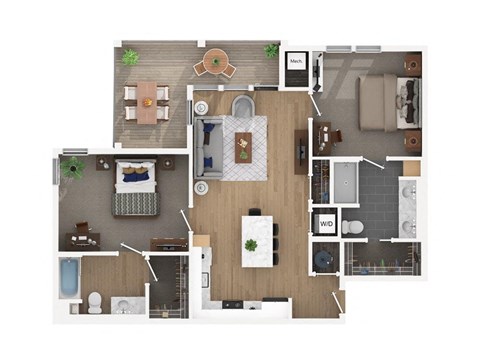 Floor plan for 2 beds, 2 baths, 1119 sqft